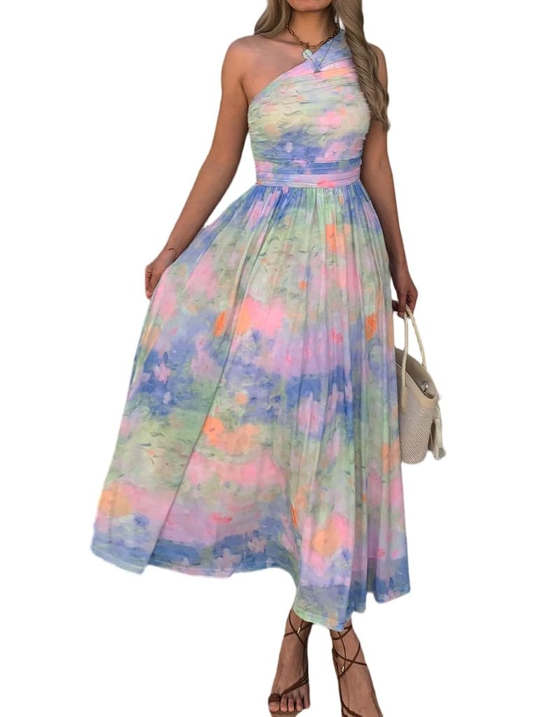 Women Summer One Shoulder Maxi Dress Sleeveless Ruched Mesh Long Beach Vacation